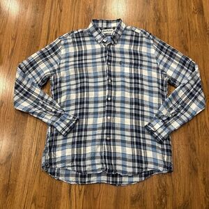 Barbour Shirt Mens Large Linen Blue White Plaid Tailored Fit Long Sleeve